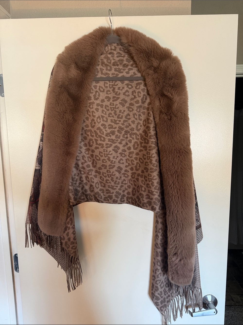 La Fiorentina Brown Leopard-Print Wrap with Faux Fur Trim